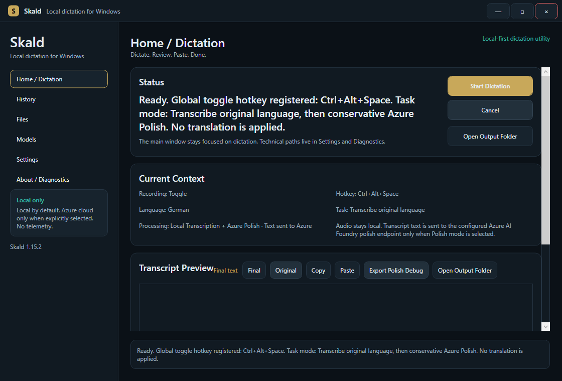 Skald home screen with recording status and transcript preview